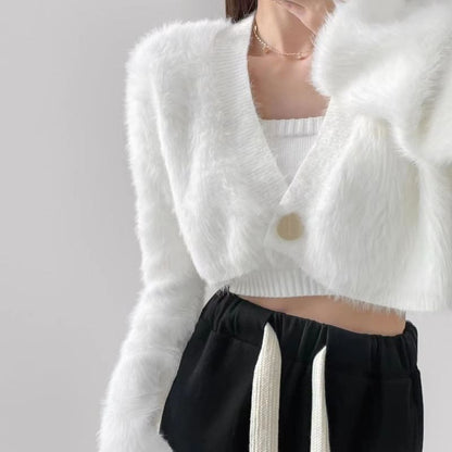 Fluffy V-Neck Single Button Crop Cardigan