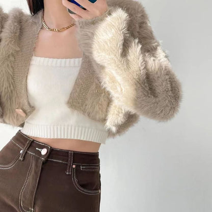 Fluffy V-Neck Single Button Crop Cardigan