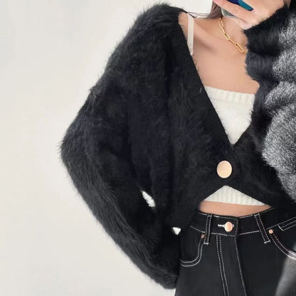 Fluffy V-Neck Single Button Crop Cardigan
