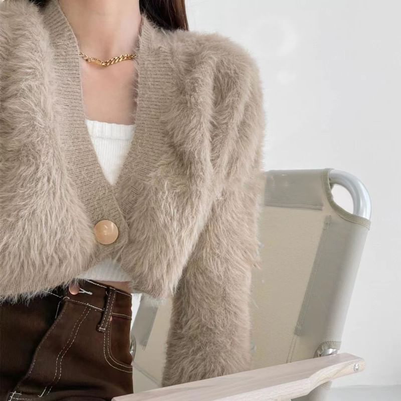 Fluffy V-Neck Single Button Crop Cardigan