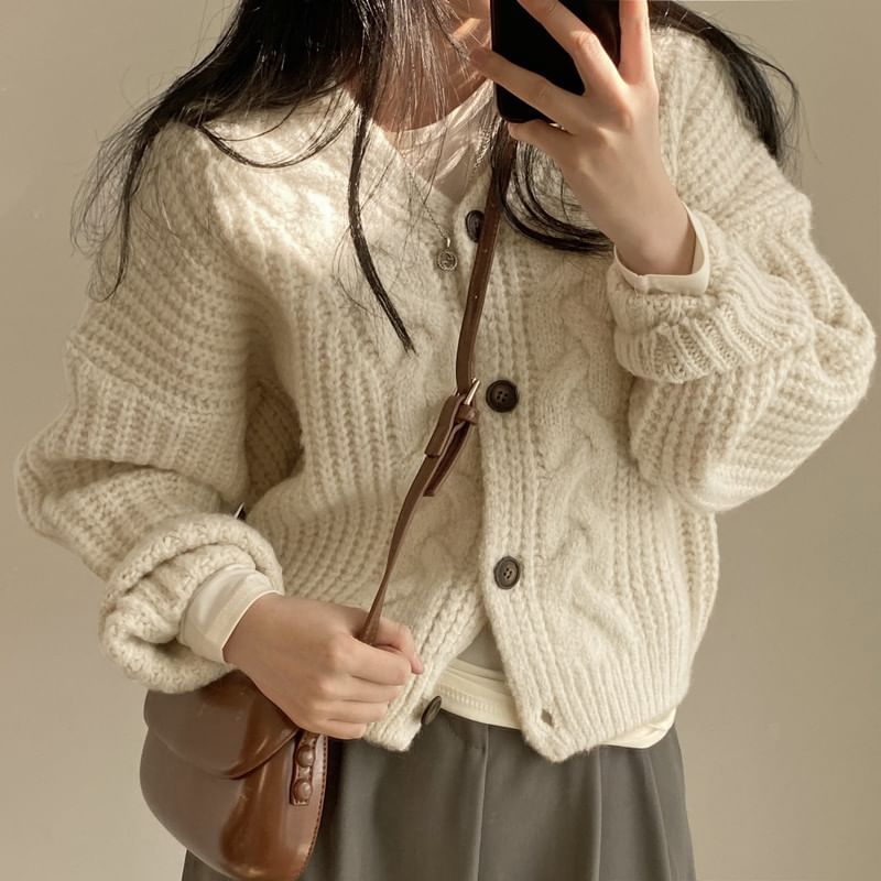 V-Neck Cable Knit Sweater Coat