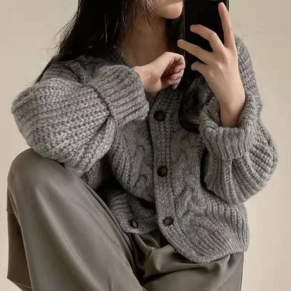 V-Neck Cable Knit Sweater Coat