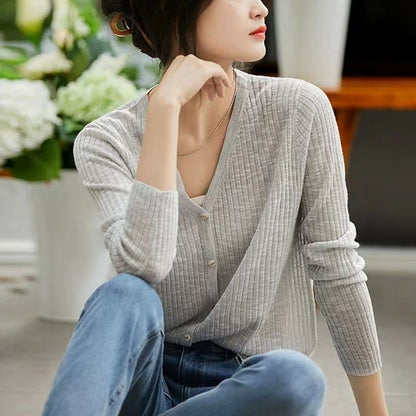 Ribbed V-Neck Knit Cardigan
