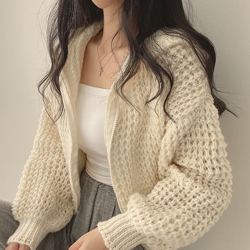 Hooded Zip Front Knit Cardigan