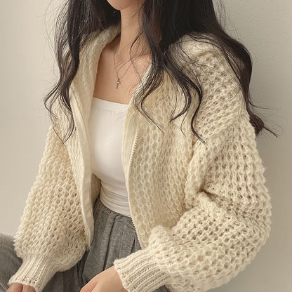Hooded Zip Front Knit Cardigan