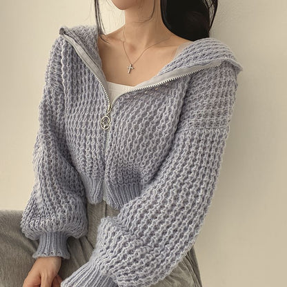 Hooded Zip Front Knit Cardigan