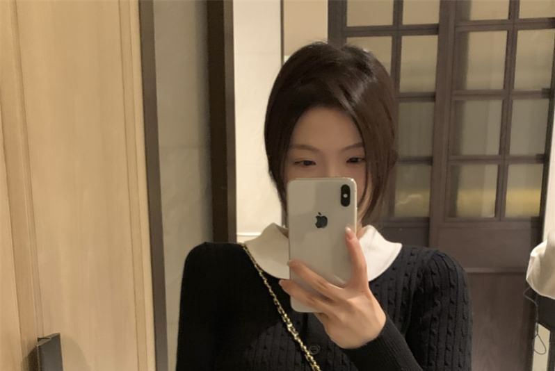 Peter Pan Collar Ribbed Knit Cropped Cardigan
