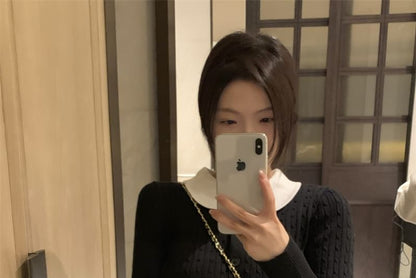Peter Pan Collar Ribbed Knit Cropped Cardigan