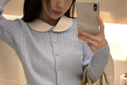 Peter Pan Collar Ribbed Knit Cropped Cardigan