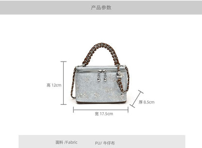 Floral Embroidered Top Handle Box Crossbody Bag