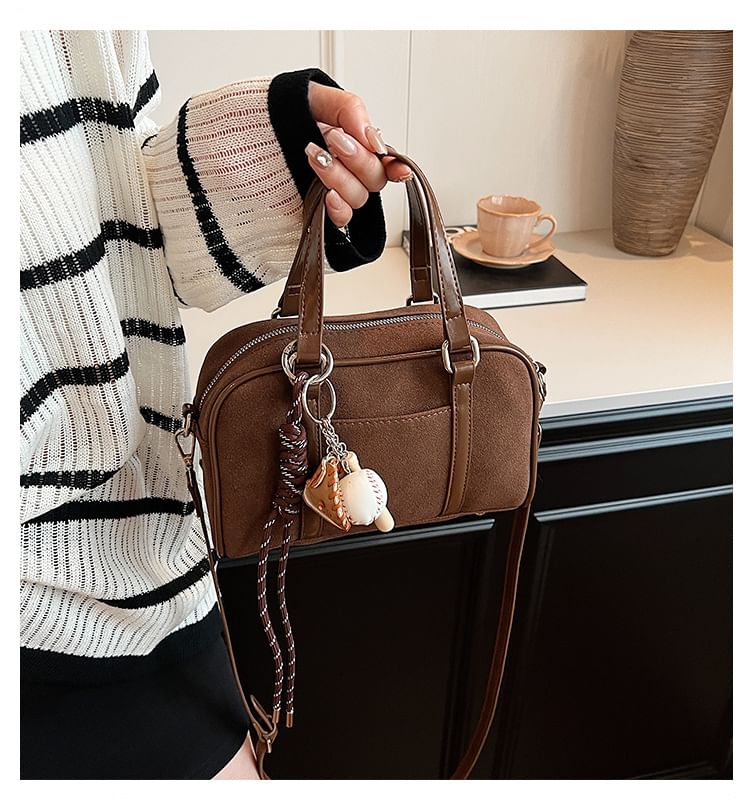 Faux Suede Top Handle Crossbody Bag / Baseball Charm / Set