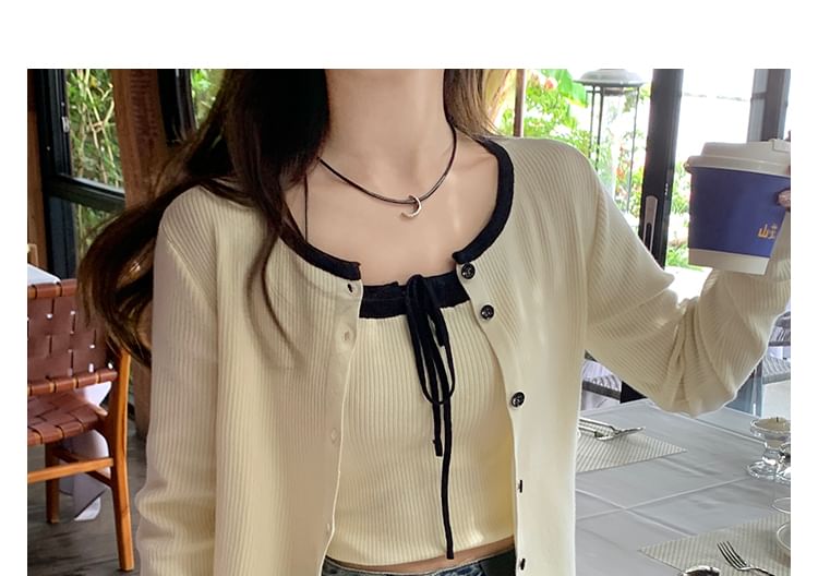 Two Tone Tie Up Cami Set with Cardigan