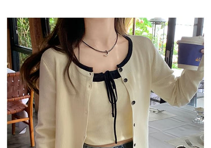 Two Tone Tie Up Cami Set with Cardigan