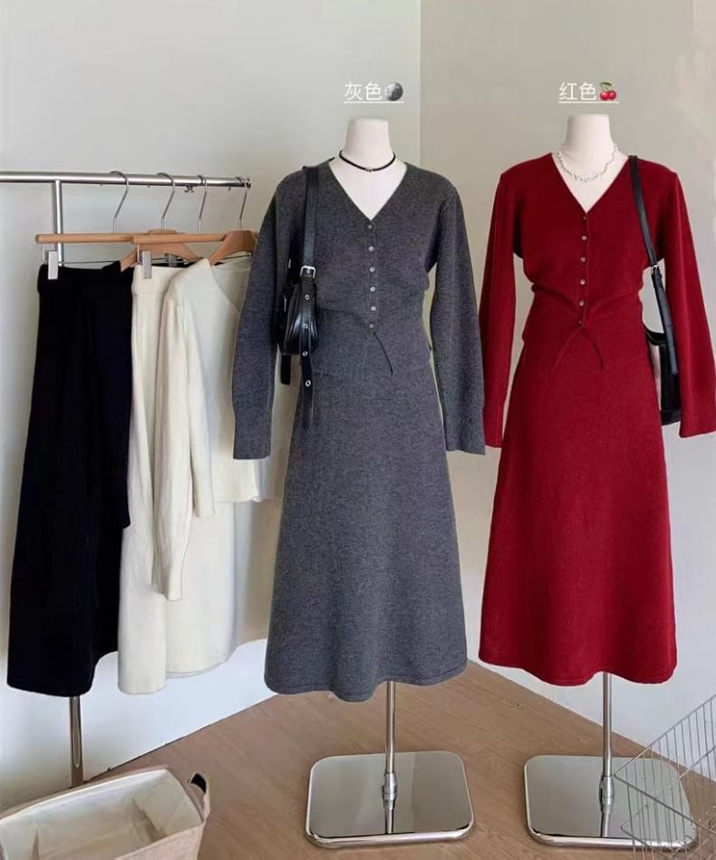 V-Neck Cardigan with High Rise Knit Skirt Set