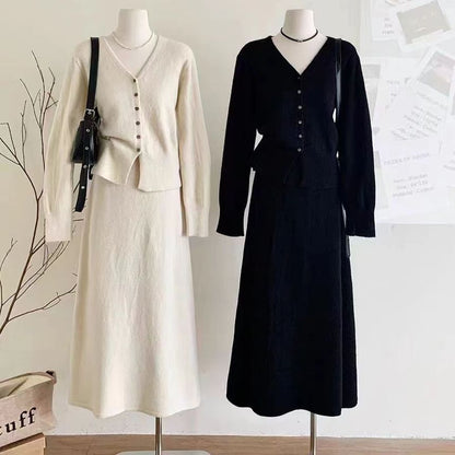 V-Neck Cardigan with High Rise Knit Skirt Set