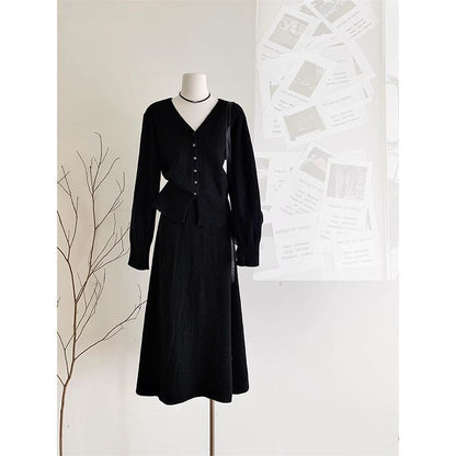 V-Neck Cardigan with High Rise Knit Skirt Set