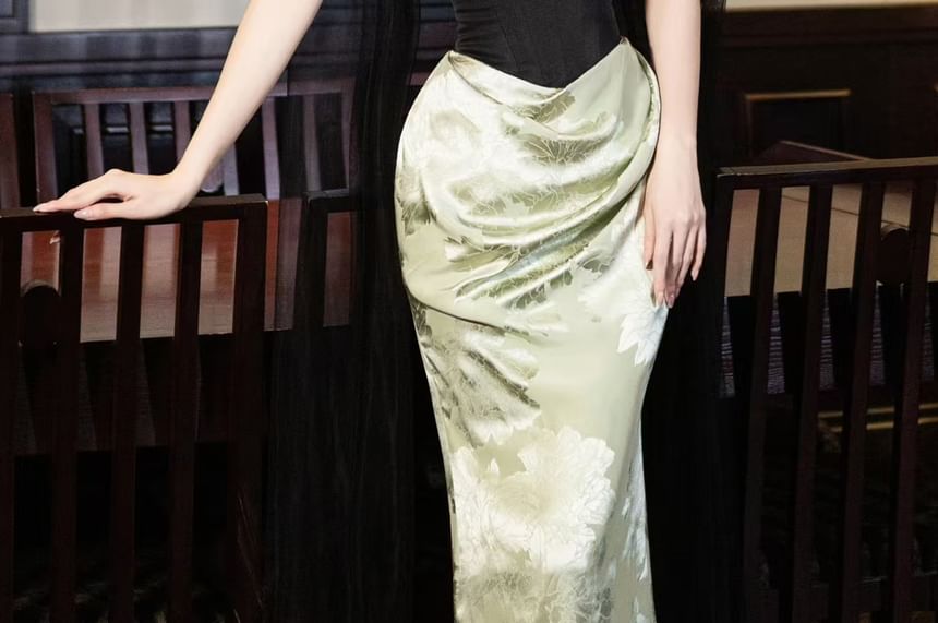 Strapless Floral Print Sheath Maxi Party Dress