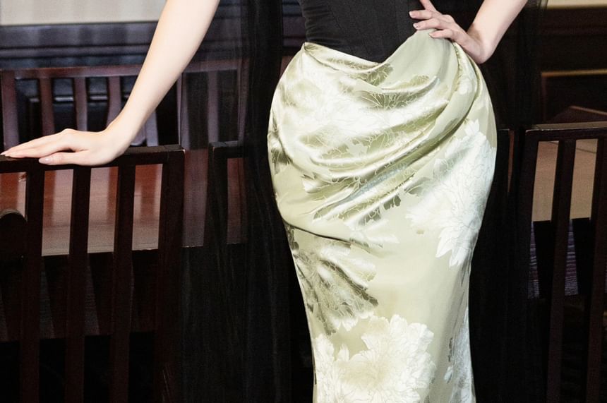 Strapless Floral Print Sheath Maxi Party Dress