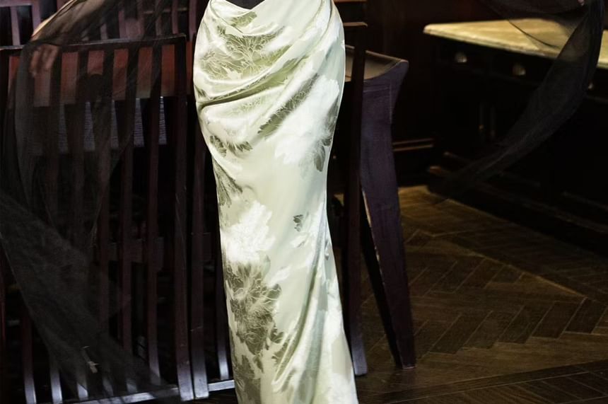 Strapless Floral Print Sheath Maxi Party Dress