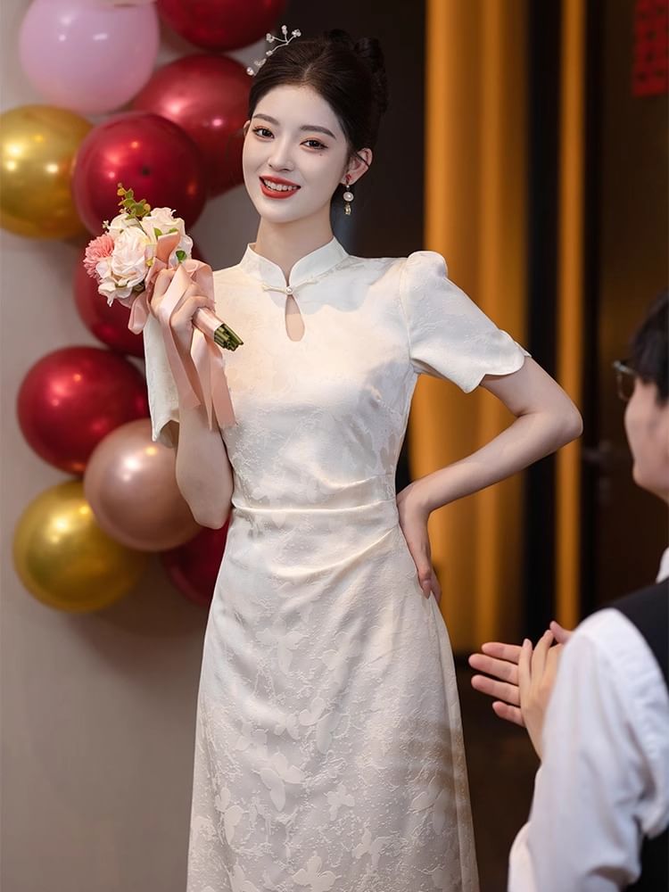 Short Sleeve Mandarin Collar Floral Lace Midi Cocktail Dress