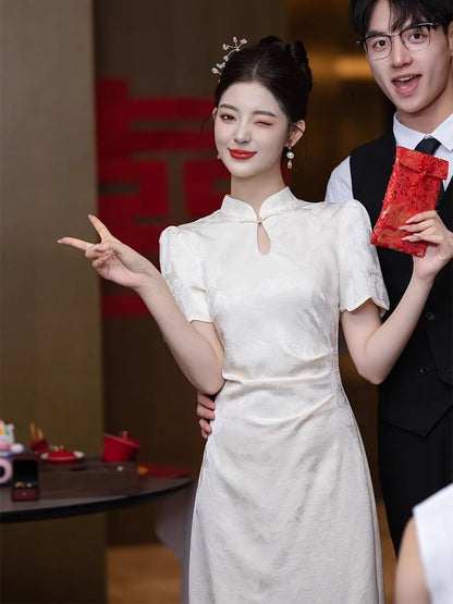 Short Sleeve Mandarin Collar Floral Lace Midi Cocktail Dress