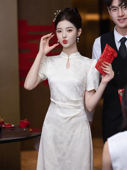 Short Sleeve Mandarin Collar Floral Lace Midi Cocktail Dress