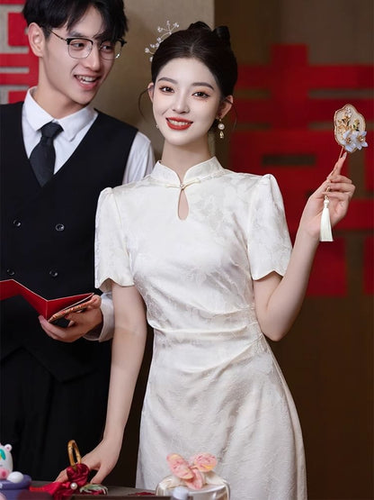 Short Sleeve Mandarin Collar Floral Lace Midi Cocktail Dress