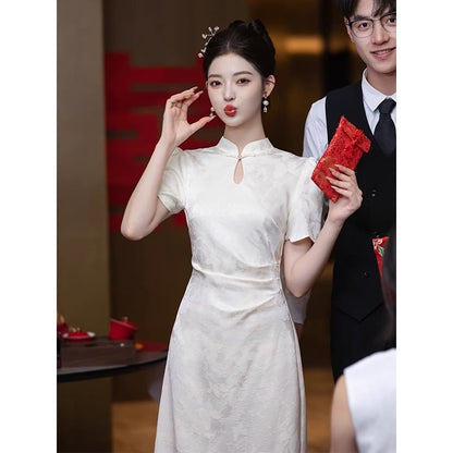 Short Sleeve Mandarin Collar Floral Lace Midi Cocktail Dress