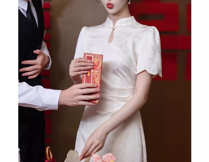 Short Sleeve Mandarin Collar Floral Lace Midi Cocktail Dress