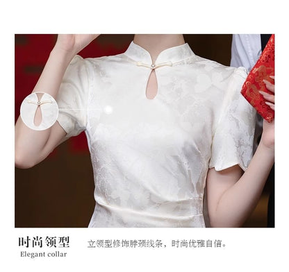 Short Sleeve Mandarin Collar Floral Lace Midi Cocktail Dress