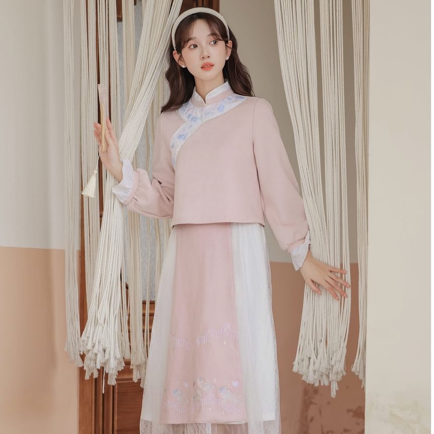 Set: Long-Sleeve Embroidered Flower Hanfu Top + Mid Rise Plain Lace Midi A-Line Skirt