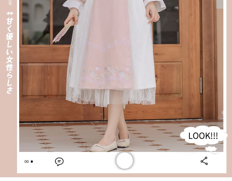 Set: Long-Sleeve Embroidered Flower Hanfu Top + Mid Rise Plain Lace Midi A-Line Skirt