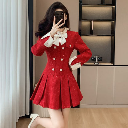Long Sleeve Stand Collar Bowknot Tweed Mini Pleated A-Line Dress