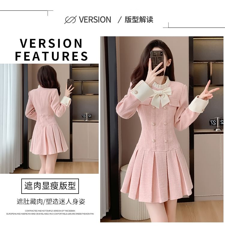 Long Sleeve Stand Collar Bowknot Tweed Mini Pleated A-Line Dress