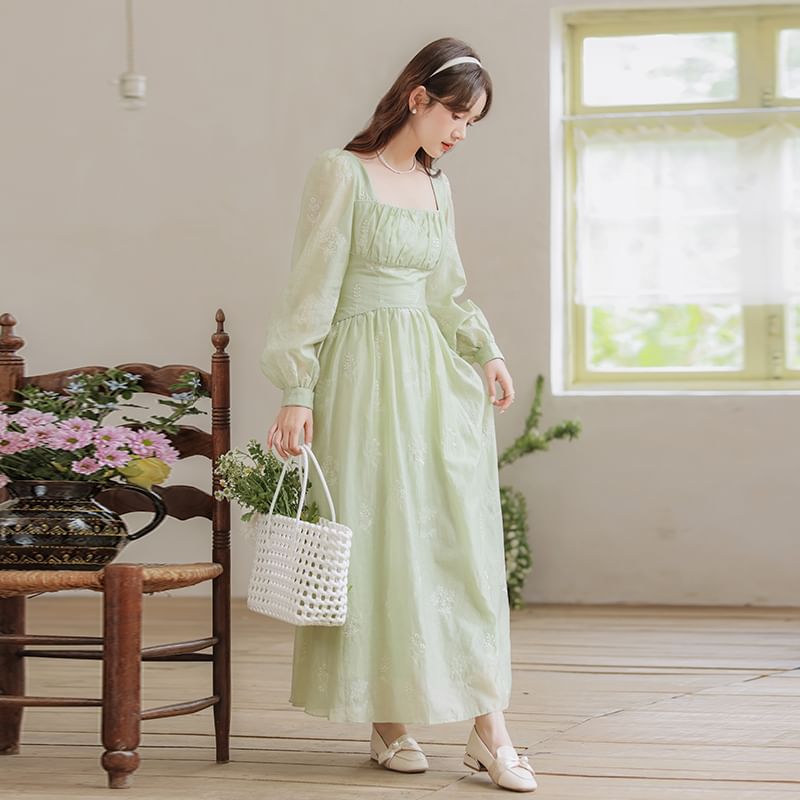 Square Neck Long Sleeve Embroidered Midi A-Line Dress