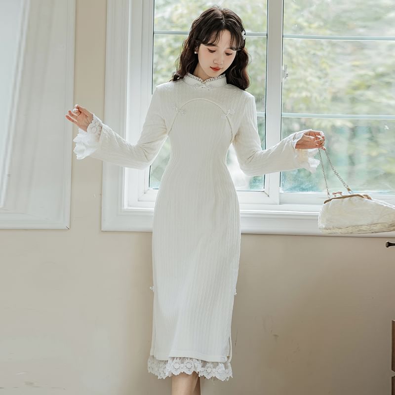 Long Sleeve Stand Collar Plain Lace Trim Ribbed Knitted Midi A-Line Dress