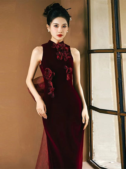 Floral Applique Velvet Mandarin Evening Sleeveless Gown Sheath Collar