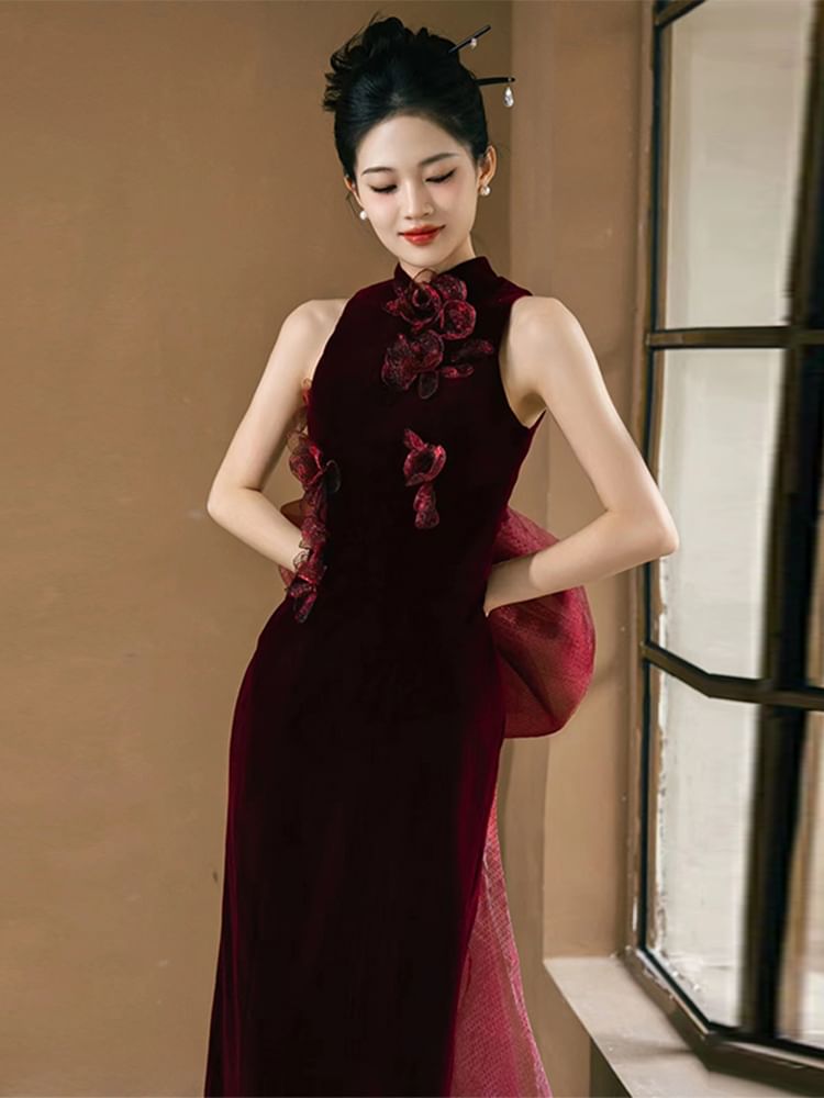 Floral Applique Velvet Mandarin Evening Sleeveless Gown Sheath Collar