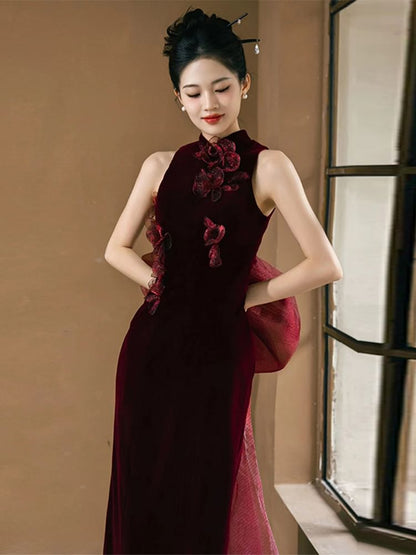 Floral Applique Velvet Mandarin Evening Sleeveless Gown Sheath Collar
