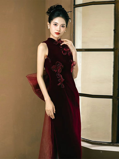 Floral Applique Velvet Mandarin Evening Sleeveless Gown Sheath Collar