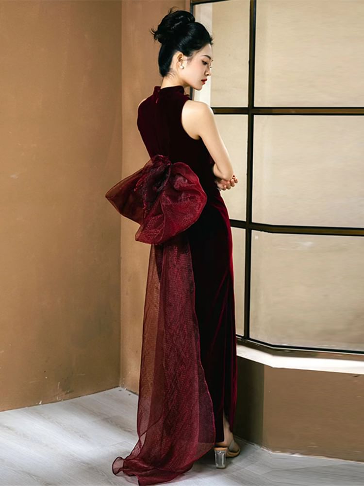 Floral Applique Velvet Mandarin Evening Sleeveless Gown Sheath Collar