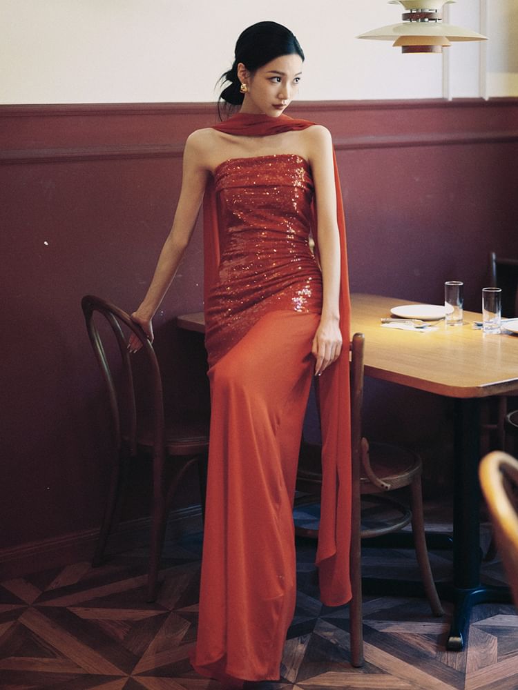 Sequin Panel Sheath Strapless Gown Evening