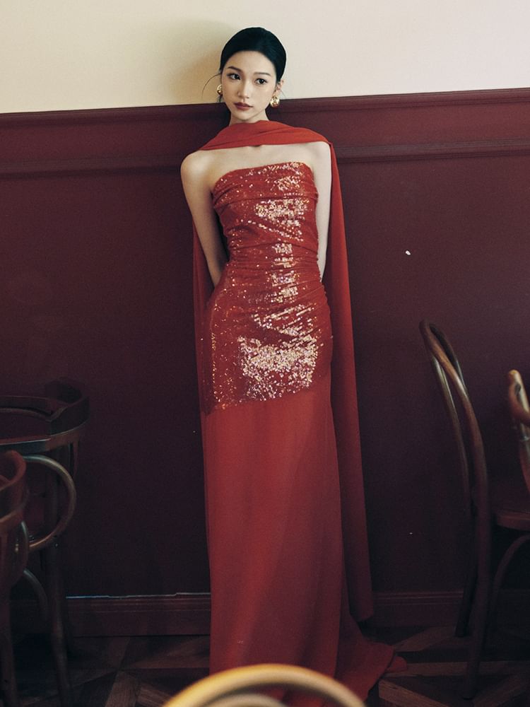 Sequin Panel Sheath Strapless Gown Evening