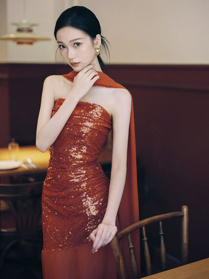 Sequin Panel Sheath Strapless Gown Evening