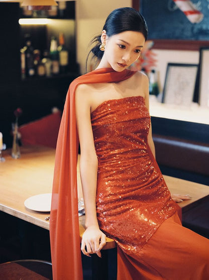 Sequin Panel Sheath Strapless Gown Evening