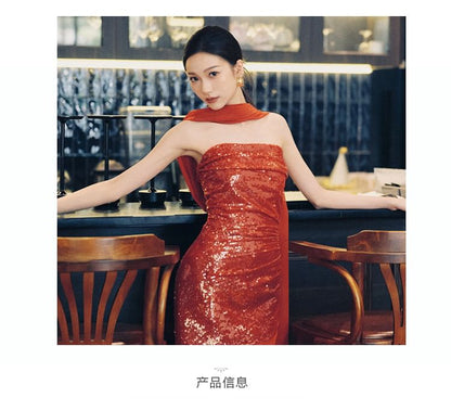 Strapless Sequin Panel Sheath Evening Gown