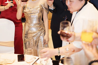 Sequin Neck Strap Sheath Gown Spaghetti Evening Cowl