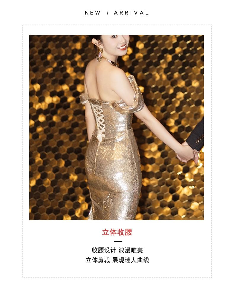 Spaghetti Strap Cowl Neck Sequin Sheath Evening Gown