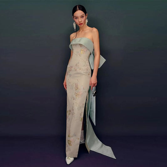 Strapless Floral Print Bow Back Slit Sheath Evening Gown