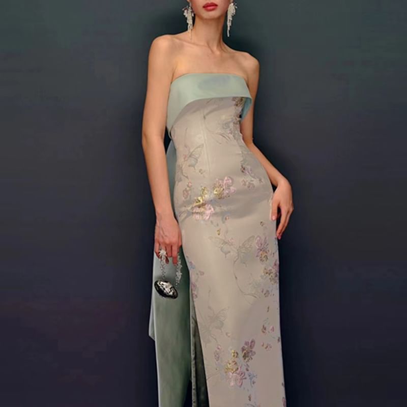 Strapless Floral Print Bow Back Slit Sheath Evening Gown